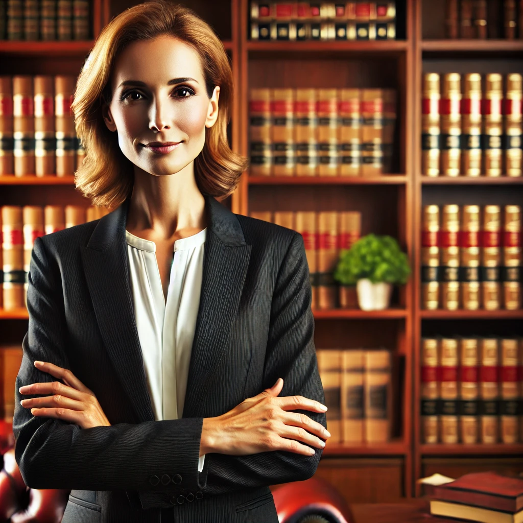 DALL·E 2024-11-12 08.33.43 - A professional law office background featuring an experienced female lawyer in formal attire, standing confidently in front of a bookshelf filled with